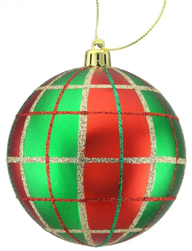 100MM Red, Emerald & Gold Painted Plaid Glitter Ornament