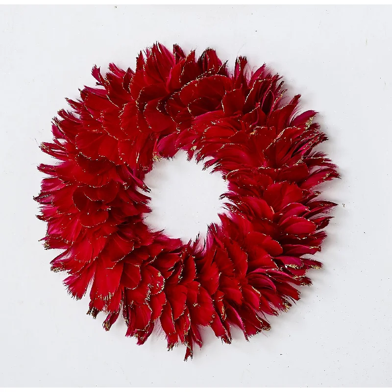 12" Feather Wreath w/ Glitter Tips, Red