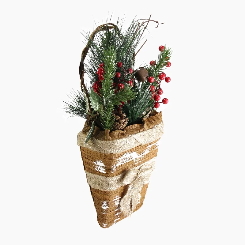 13.5" Brown and Green Frosted Pine Cones Artificial Christmas Basket - 13.5