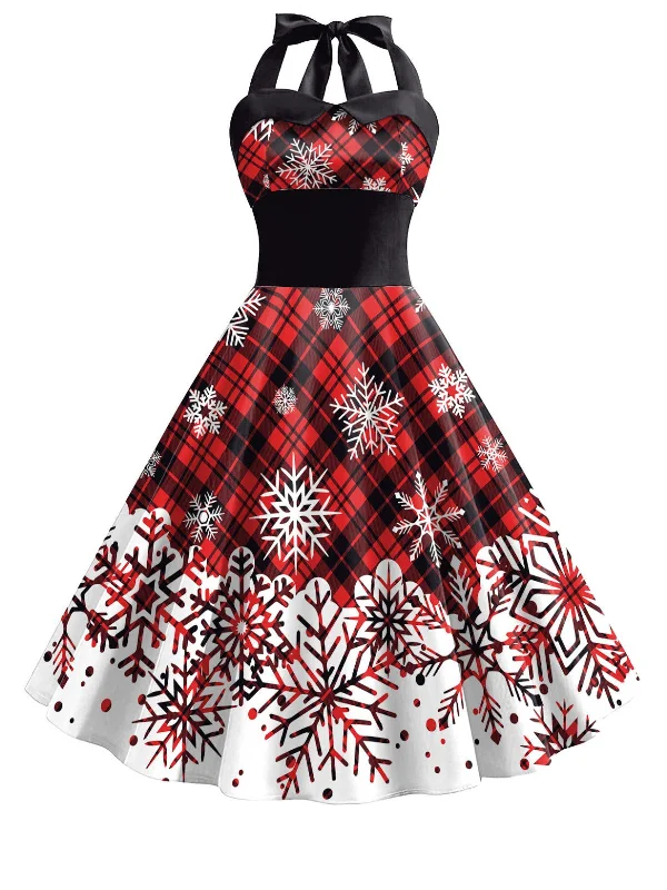 1950s Christmas Plaid Snowflake Halter Dress