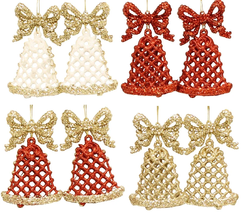 2-Pack of Glitter Bell Ornaments (White/Red/Gold)