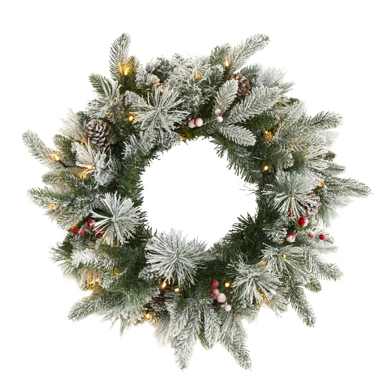 20" Flocked Mixed Pine Christmas Wreath with 50 LED Lights