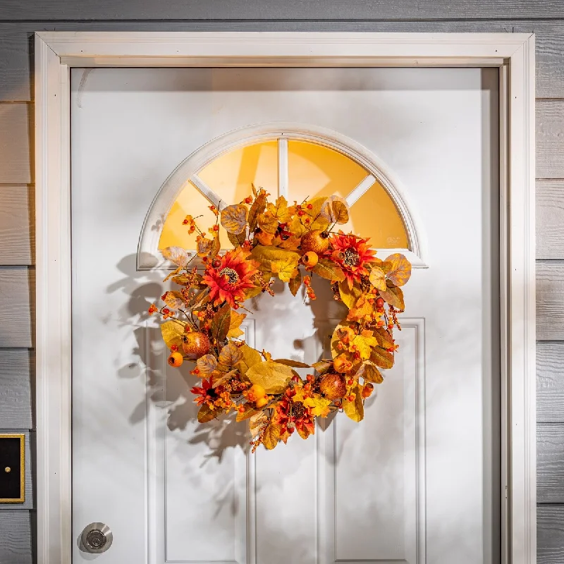 22 in. Fall Harvest Autumn Wreath with Berries and Sunflowers