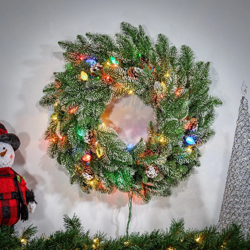 24 in. Pre Lit Multi Colored UL Lightly Flocked Smoky Mountain Wreath - Green