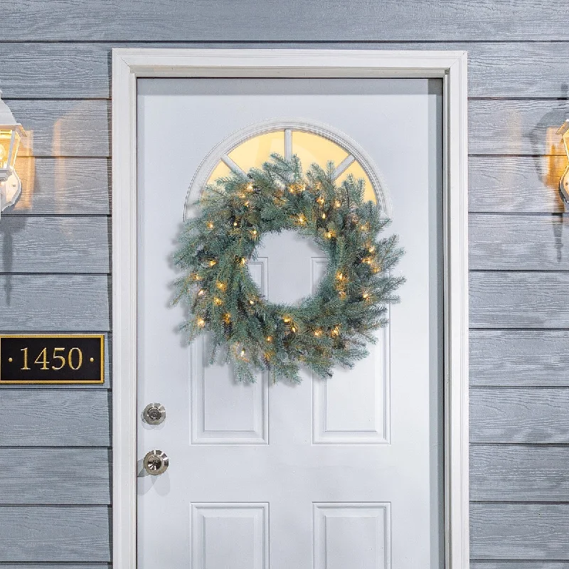 24 in. Pre Lit Warm White LED Blue Spruce Wreath - Green