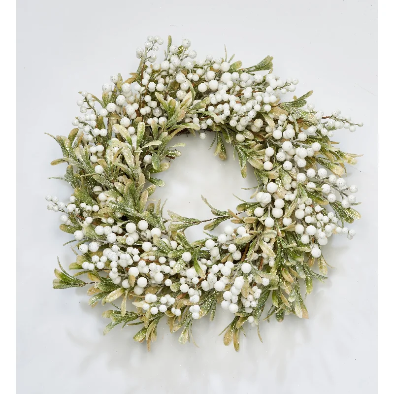 24" White Berries & Green Leaves Wreath - Multicolor