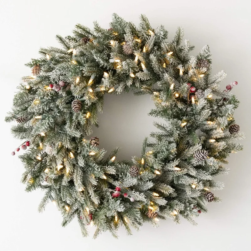 25"H Sullivans Artificial Christmas Frosted Pine Pre-Lit Wreath, Green-White