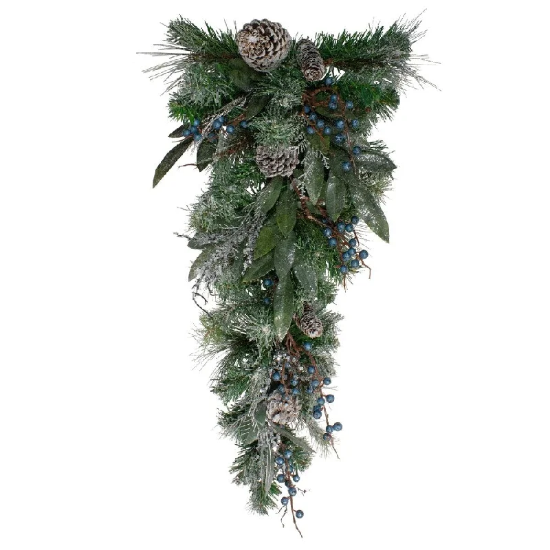 28" Mixed Pine and Blueberries Artificial Christmas Teardrop Swag - Unlit