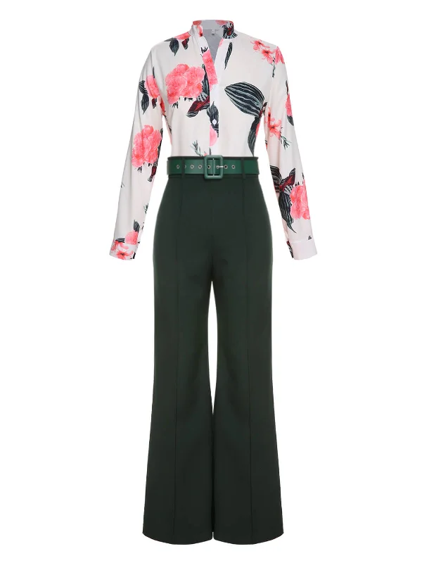 2PCS 1930s Floral Blouse & Green Wideleg Pants