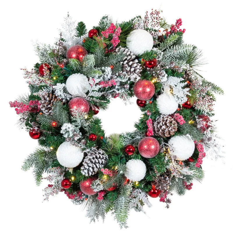 30 in. Lighted Christmas Wreath - Frosted Wonderland - Red