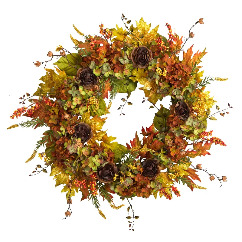 32" Fall Hydrangea, Ranunculus and Maple Leaf Autumn Artificial Wreath - 32