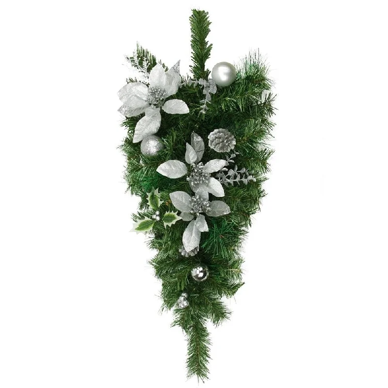 32" Pre-Decorated Silver Poinsettia Pine Cone and Ball Artificial Christmas Teardrop Swag - Unlit