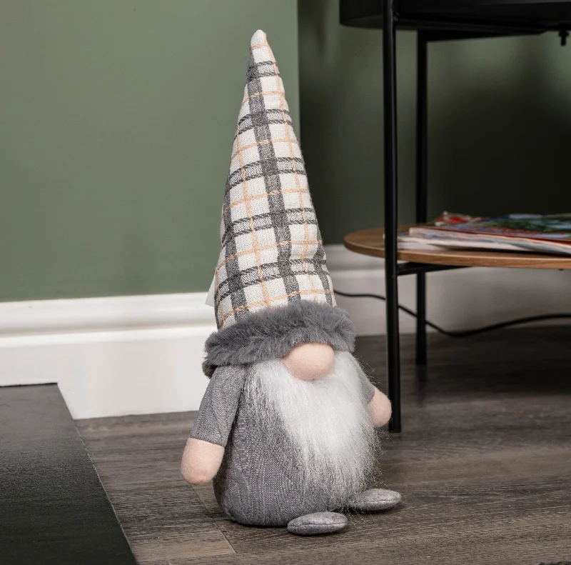 35cm Grey Standing Christmas Gonk Decoration with Tartan Hat