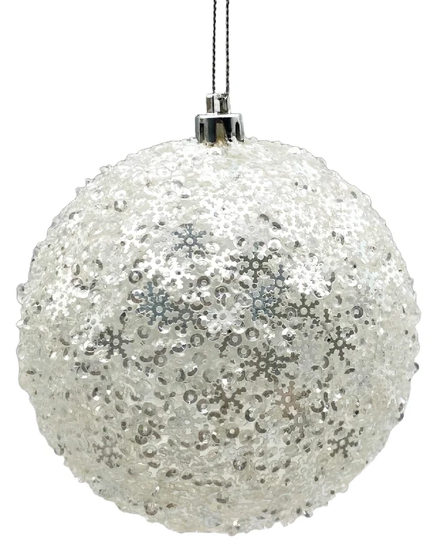 4" Metallic White Snowflake Sequin Ball Ornament