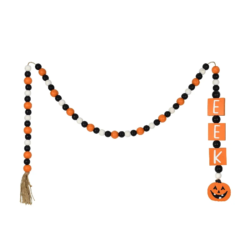 5FT Halloween Wooden Beaded EEK Pumpkin Garland with Tassels - N/A