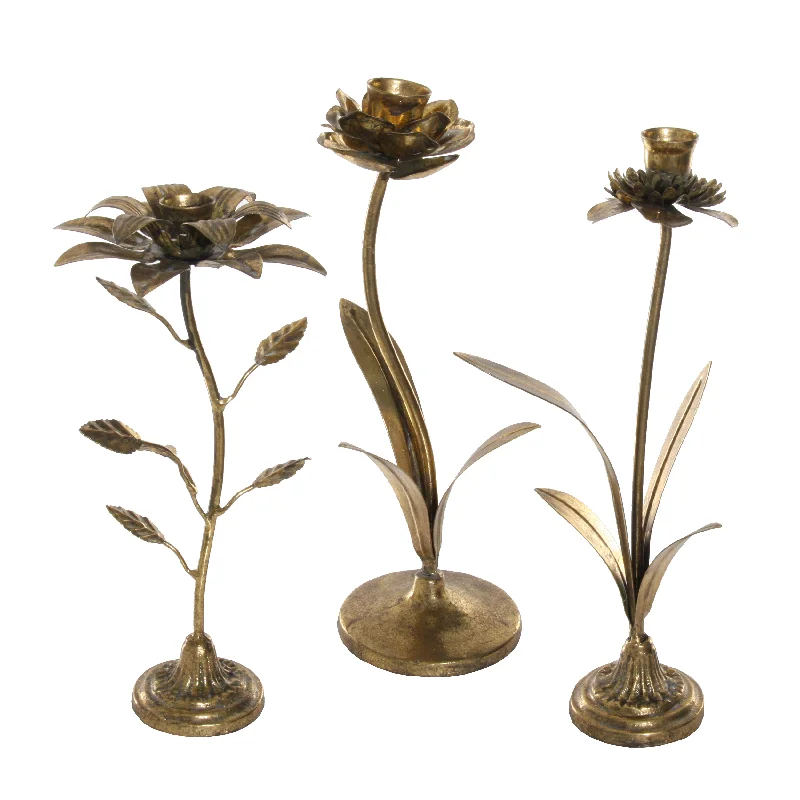 Adjustable Bronze Metal Flower Taper Candleholder Tabletop Décor