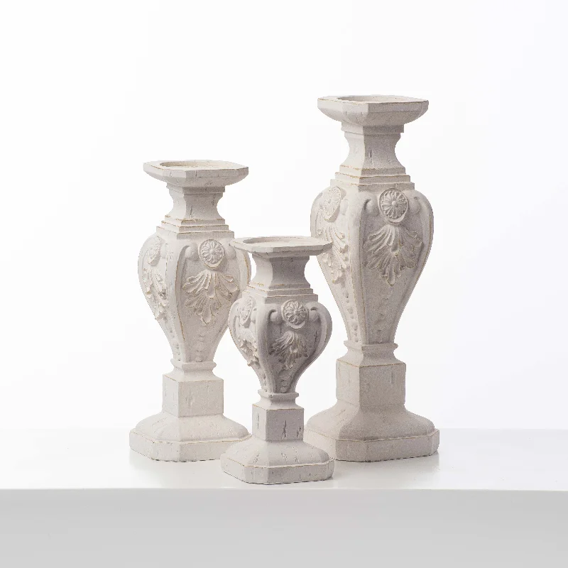 Antiqued Ornate White Footed French Country Farmhouse Candle Holder Set of 3