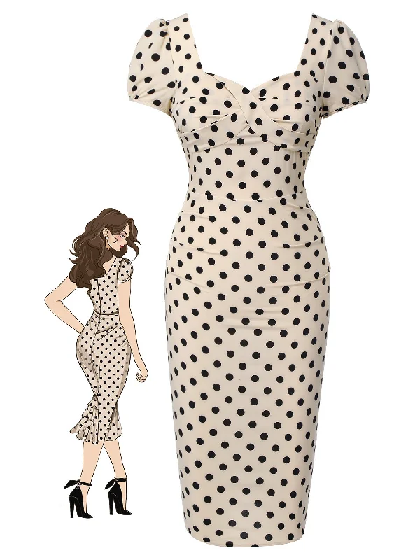 Beige 1960s Polka Dot Square Neck Puff Dress