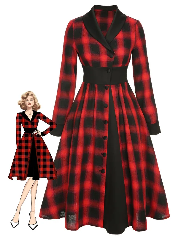 Black&Red 1950s Gingham Plaid Button Lapel Dress