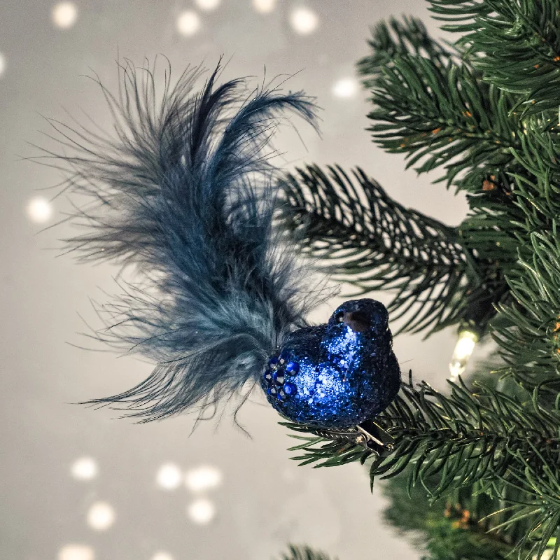 Blue Glitter Feather Bird On Clip