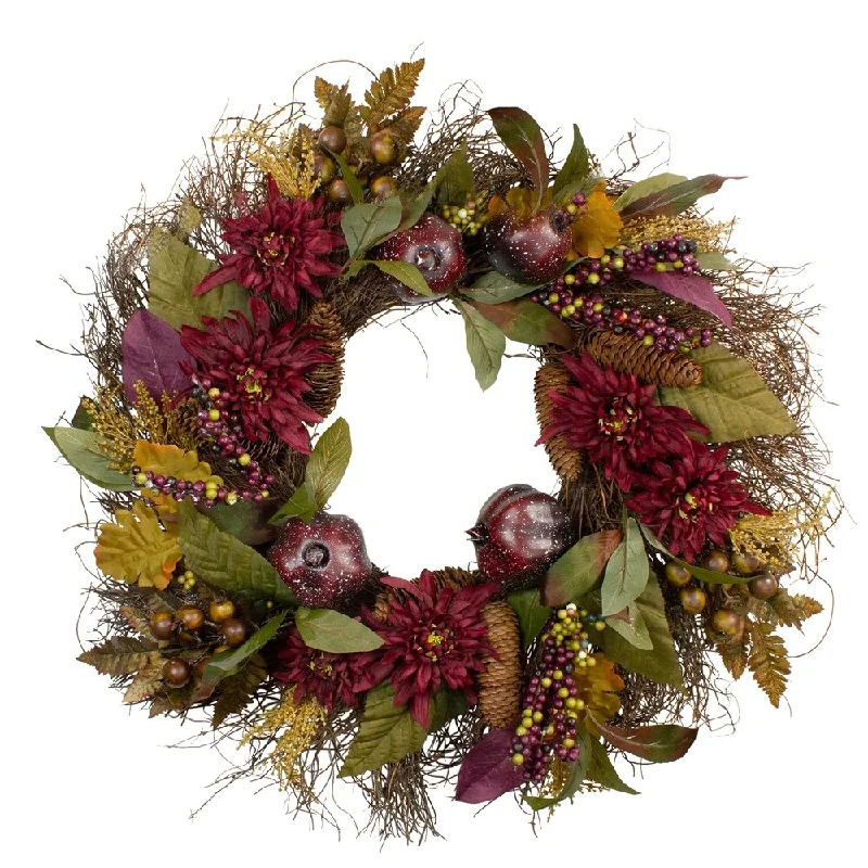 Burgundy Mums and Pomegranate Spiral Vine Wreath - 28" Unlit