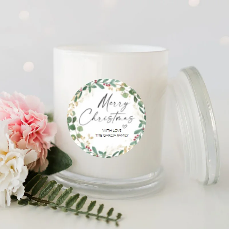 Christmas Wreath Personalised Candle Large White Glassware