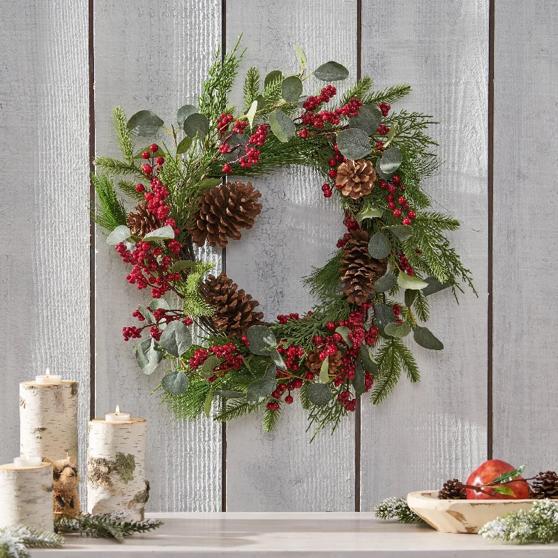 CUSchoic 22" Berry/Eucalyptus/Pinecone Wreath - Green Leaves