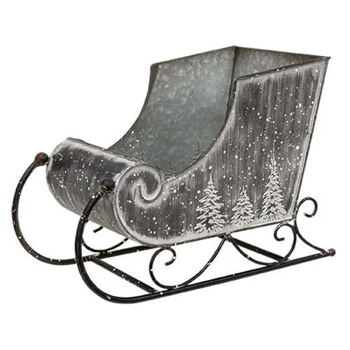 Embossed Snowy Pine Tree Metal Sleigh, Large