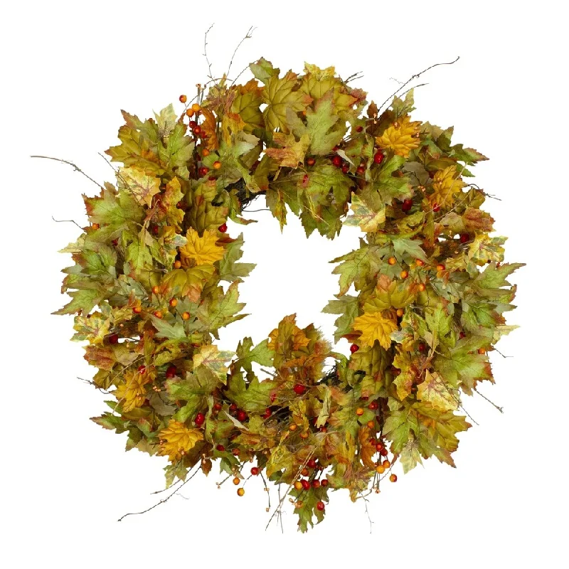 Fall Harvest Leaves and Berries Artificial Twig Wreath - 30 inch Unlit - N/A