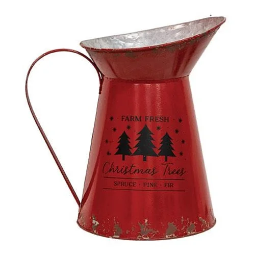 Farm Fresh Christmas Trees Distressed Red Metal Pitcher