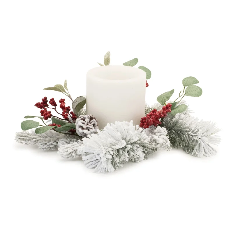 Flocked Mixed Pine Eucalyptus Berry Candle Ring 16"D - White, Green, Red