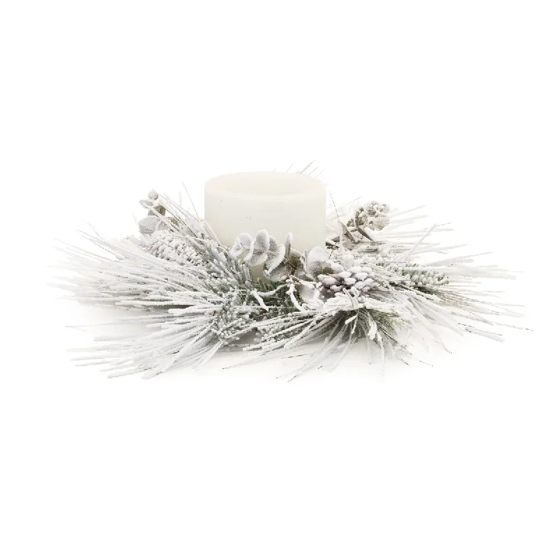 Flocked Mixed Pine Eucalyptus Candle Ring 24.5"D - White, Green, Brown