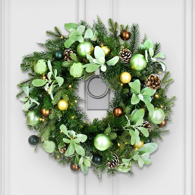 Fraser Hill Farm 24-In. Prelit Wreath with Pinecones and Metal Ornaments - Multi - 24 in.