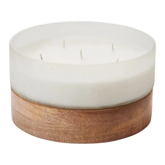 Large Frosted Glass Round Wood Base Tranquility Zen Candle