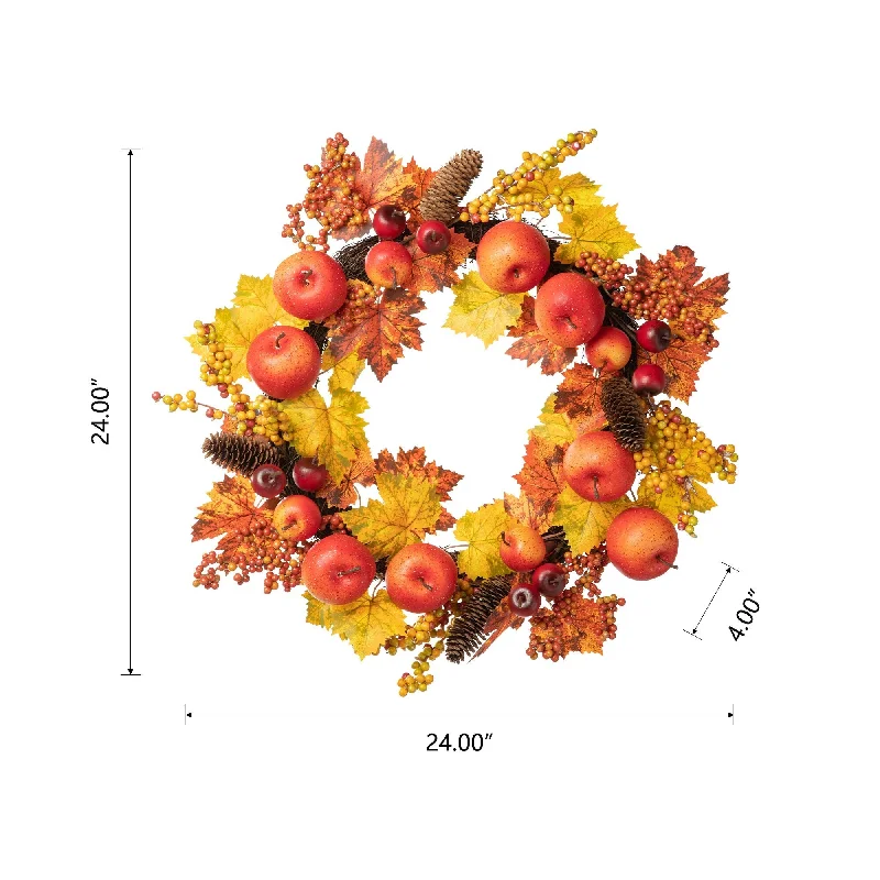 Glitzhome 24"D Fall Apple Berry Leaf Wreath for Thanksgiving