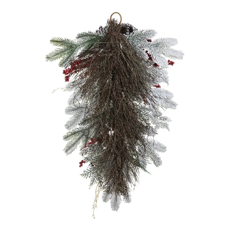 Glitzhome Artificial Christmas Flocked Pinecone Berry Teardrop Wreath Centerpiece