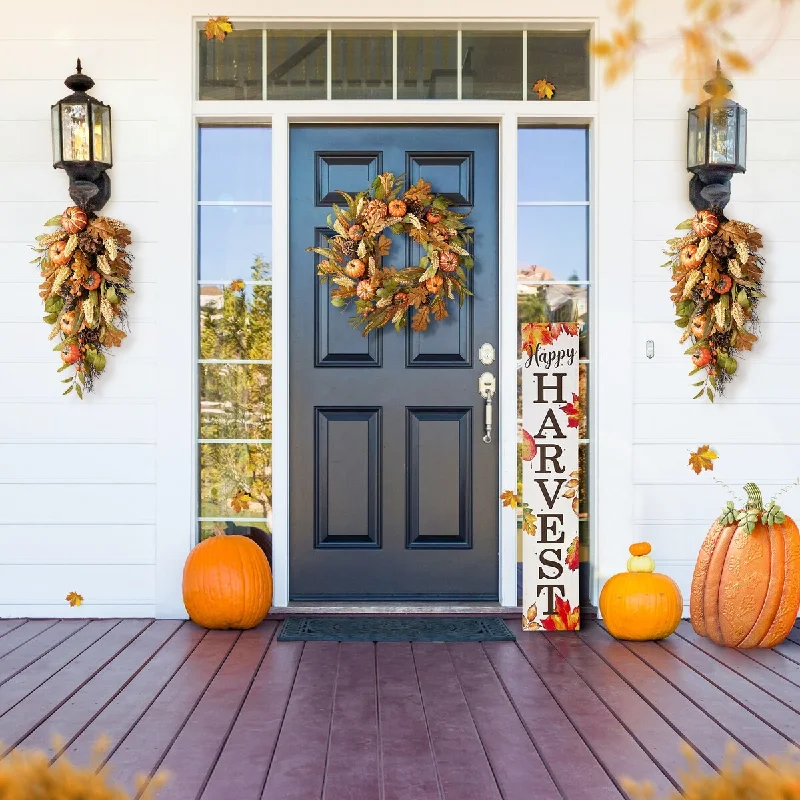 Glitzhome Fall Pumpkin Leaf Pine Cones Floral Swag Wreath