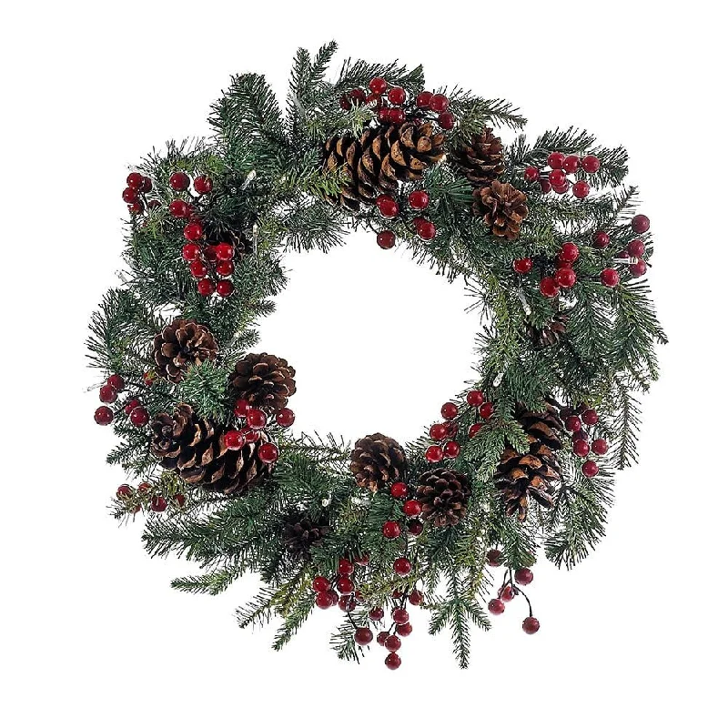 Kurt Adler 18-Inch Battery-Operated Red Berry Pinecone LED Wreath - Green - 18"