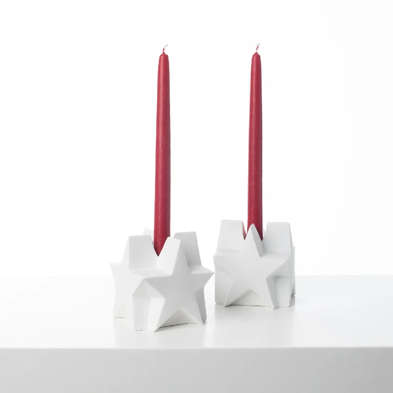 Matte White Ceramic Geometric Four Sided Star Taper Holder Modern Home Décor - Set of 2