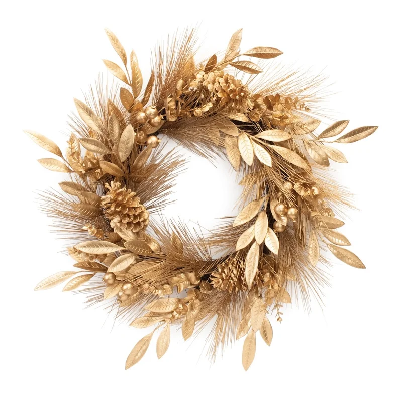 Metallic Pine and Bay Leaf Berry Wreath 25.5"D - Gold