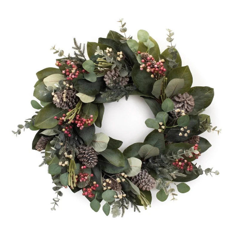 Mixed Magnolia Eucalyptus Berry Wreath 29"D - Green, Pink