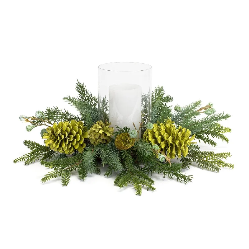 Mixed Winter Pine Cone Candle Holder with Glass Hurricane 18"D - Green; Clear