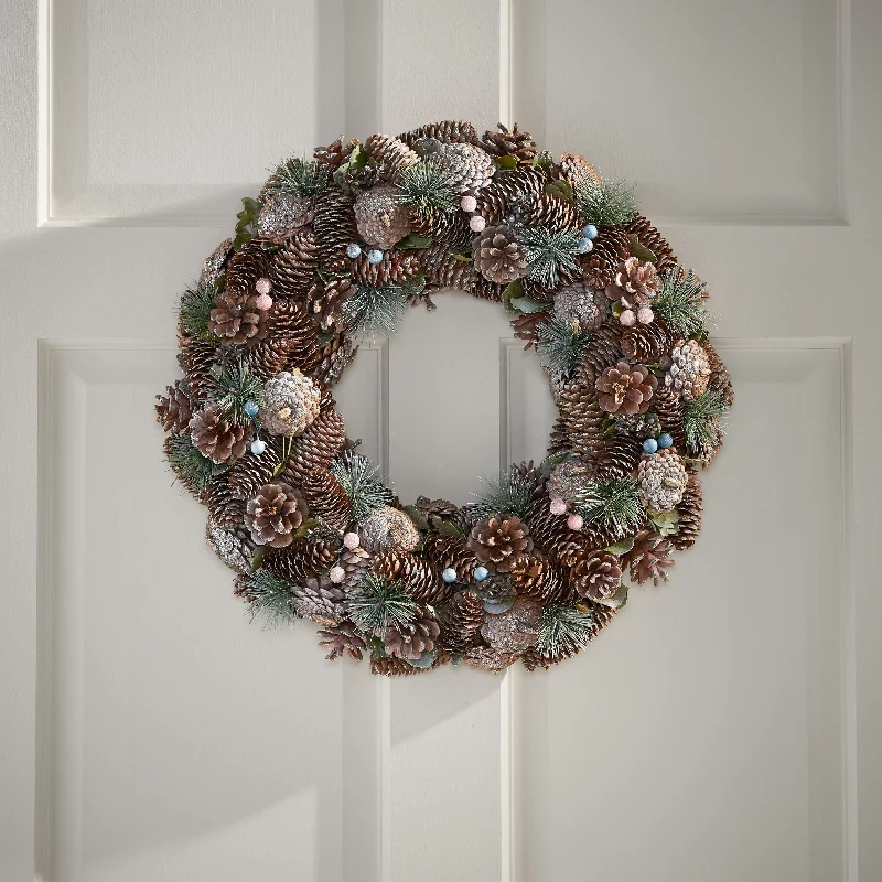 Modern 18.5" Pine Cone and Glitter Artificial Christmas Wreath, Natural and White by Christopher Knight Home