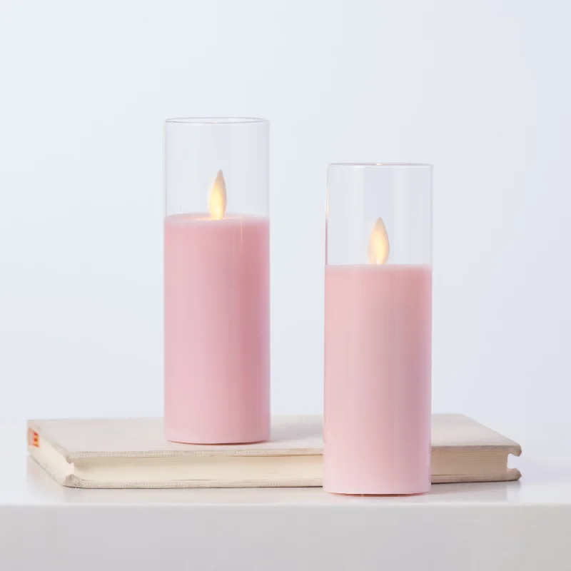 Moving Flameless LED Pink Glass Pillar Candles with Remote Set of 2