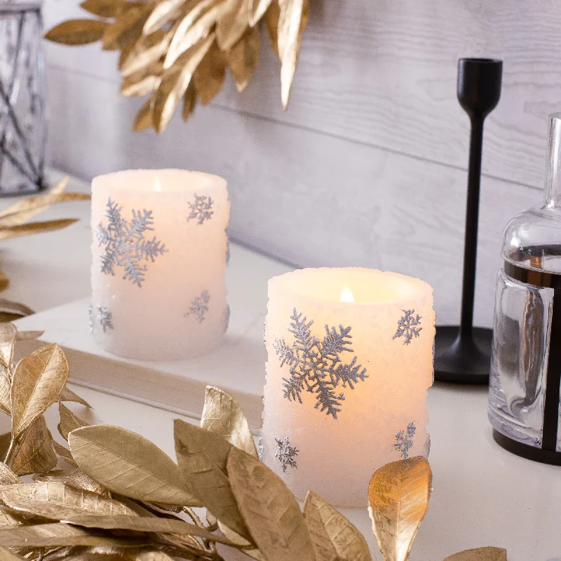 Small Moving Flameless LED White Christmas & Silver Snowflake Glitter Pillar Candles