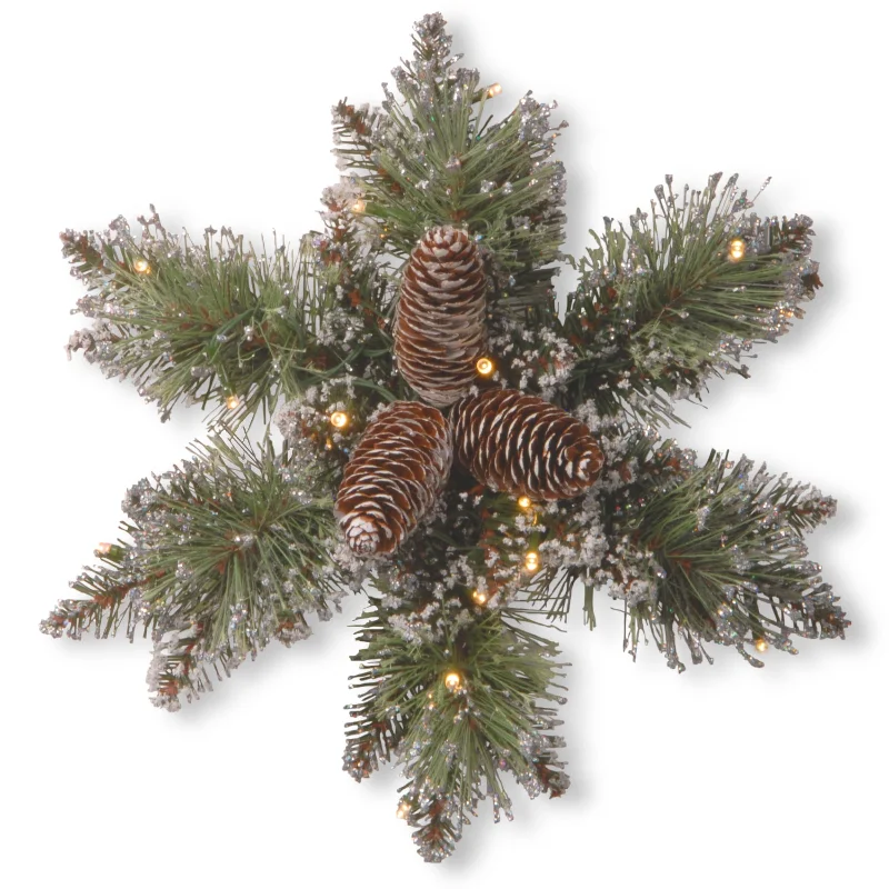 National Tree Company 14 in. Glittery Bristle Pine Snowflake with Battery-operated Warm White LED Lights - 14 in