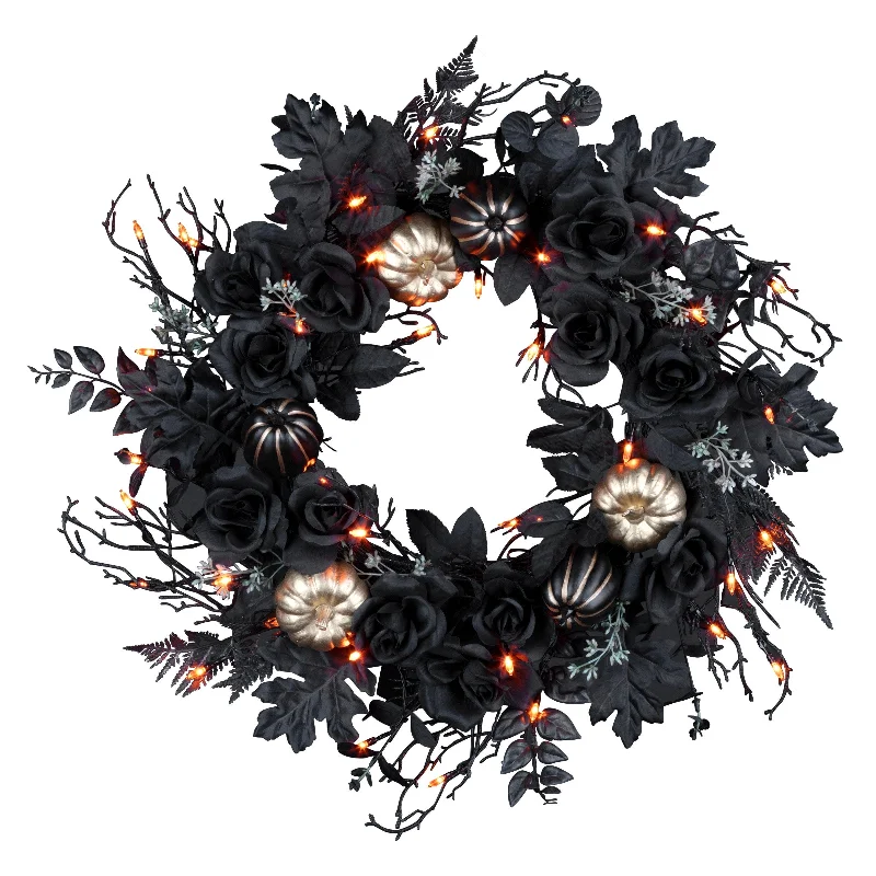 National Tree Company 24" Artificial Chic Eek Black and Gold Halloween Wreath, 40 Orange LED Lights, Battery Operated