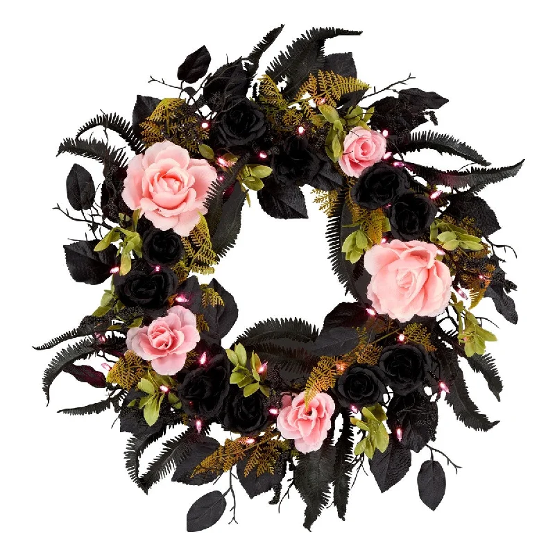 National Tree Company 24" Artificial Cute and Creep Halloween Wreath, 40 Pink LED Lights, Battery Operated