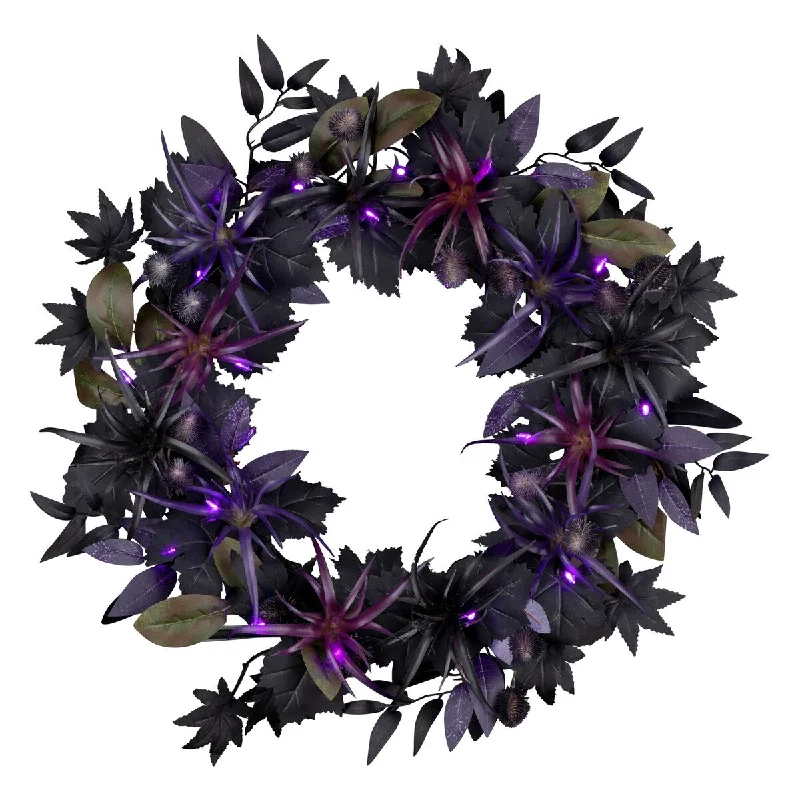 National Tree Company 24" Artificial Scare in the Air Halloween Wreath, 30 Purple LED Lights, Battery Operated