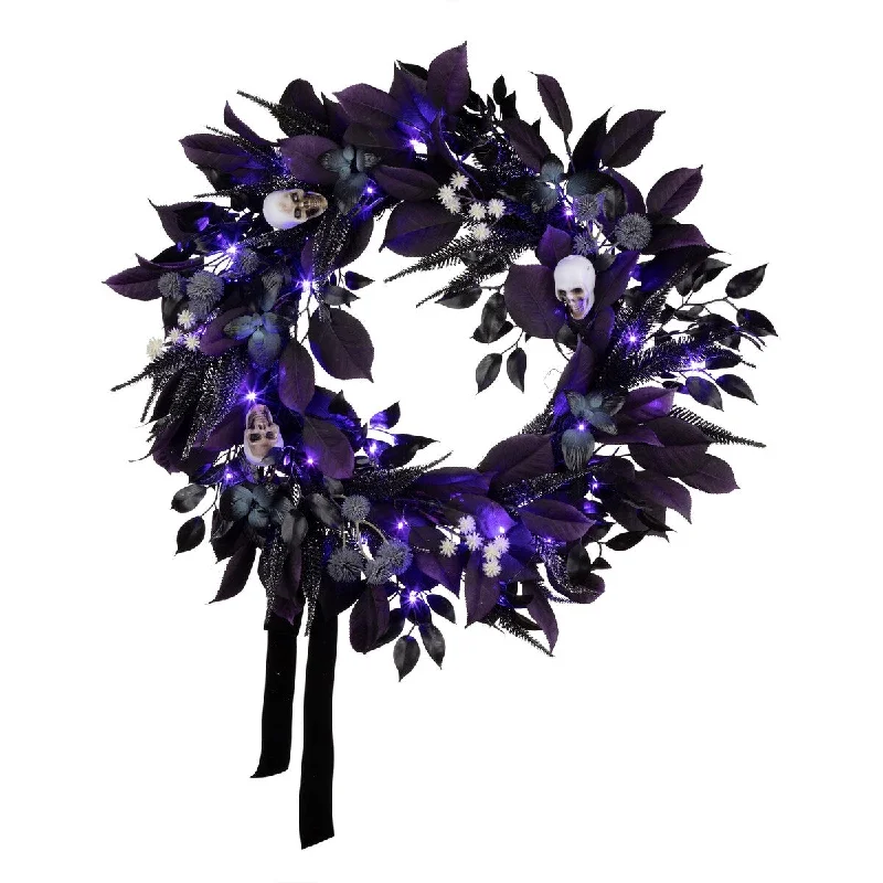 National Tree Company 26" Artificial Floral Mini Skull Wreath, 30 Purple LED Lights, Battery Operated